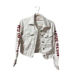 True Religion Fashion trucker with Red Logo on Sleeves Sz XS White Jean Jacket